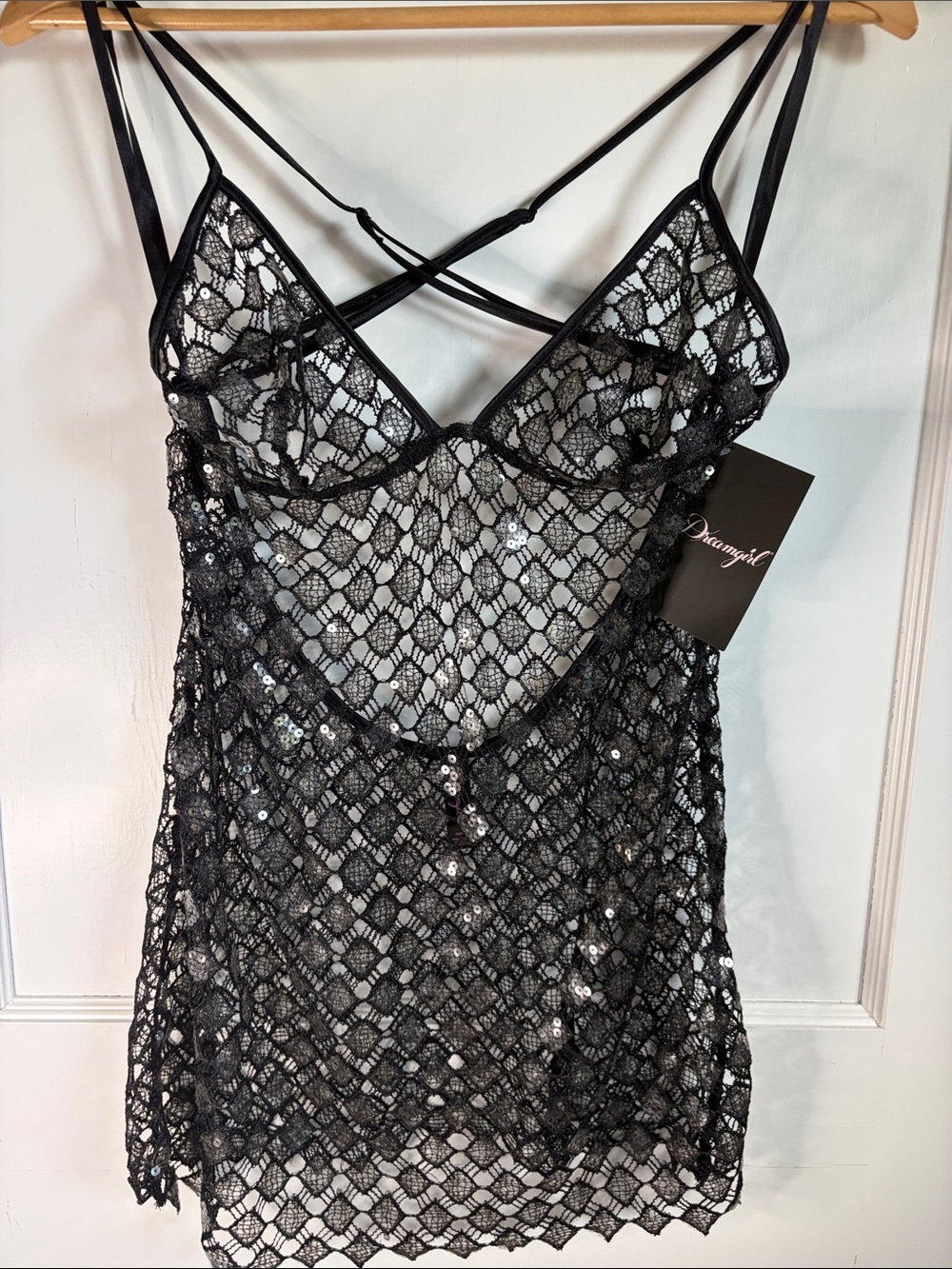 Dreamgirl Black Lace Sequin Chemise with Crisscross Straps